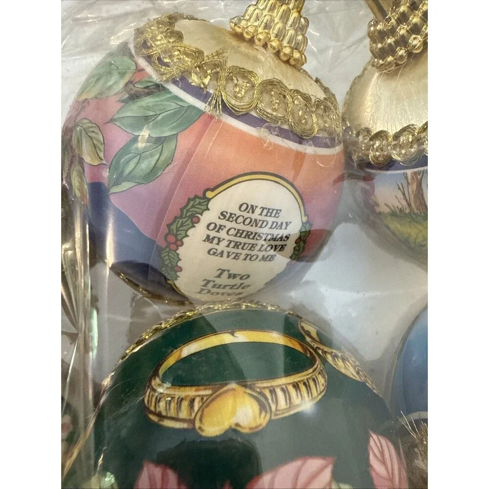 Twelve (12) Vintage Gold Satin Wrapped 12 Days Of Christmas Ornaments New In Box